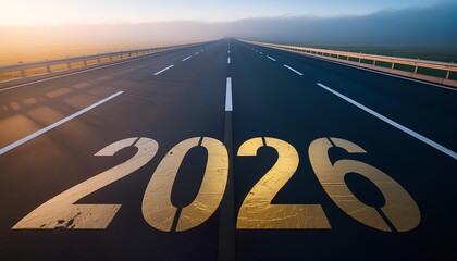 Road ahead with golden 2026 on asphalt, symbolizing the journey into the future and new year goals.
