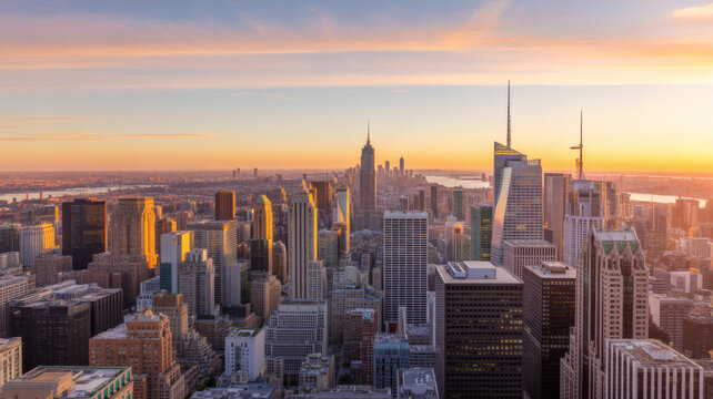Aerial view of dense urban metropolis skyscrapers during golden sunset with empire state building