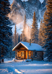 A charming log cabin nestled in a snowy landscape, emanating warmth as smoke rises from its chimney against majestic mountains. The scene captures a tranquil winter atmosphere.