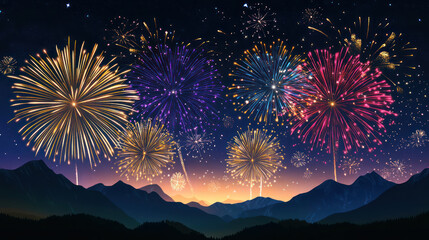 Brightly colored fireworks over mountains with red and blue bursts on transparent background