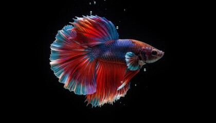 Fototapeta premium Colorful betta fish swimming in dark water with flowing red and blue fins and small air bubbles against black background