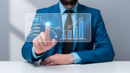 Businessman in blue suit interacting with virtual graph and chart on transparent screen at office