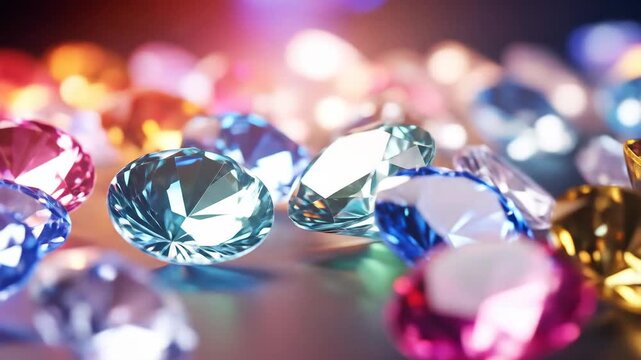 Close-up of sparkling colorful faceted gemstones reflecting light with vibrant bokeh background, symbolizing luxury and preciousness.