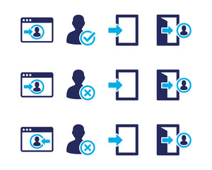 Login, logout, user profile access, registration, sign in, sign out icons set