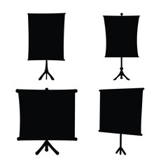 Hand drawn silhouette icons of presentation or projector screens on tripods for various uses