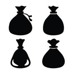 Set of four black money bag icons or financial sack silhouettes for wealth and prosperity