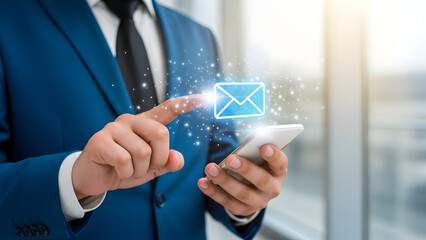 Businessman interacting with email icon on smartphone in office setting with modern background