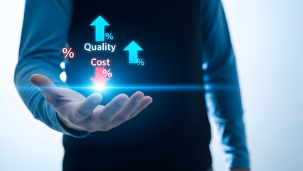 Businessman presenting quality and cost concept with percentage signs and arrows