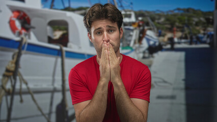 Fototapeta premium Man with open palms extended on a boat at a port, hands held out in pleading gesture showing empty palms; pleading.