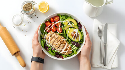 Hands holding a healthy salad bowl with grilled chicken and avocado on a white table