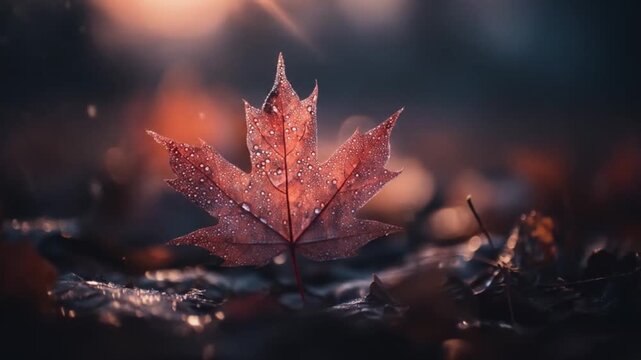 Close up of a single vibrant red maple leaf with water droplets outdoors