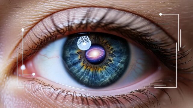 Closeup of a human eye with a futuristic interface overlay and a glowing purple iris