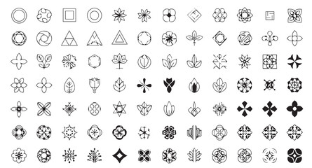 Large collection of minimalist vector logo elements, geometric floral icons, abstract linear shapes and decorative symbols for brand identity design