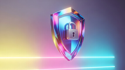 A futuristic holographic shield with a padlock on a colorful neon gradient background with lines
