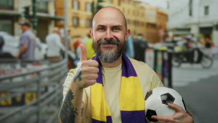 Cheerful man with beard and scarf holding soccer ball in urban street, flashing thumbs-up amidst bustling city scene.
