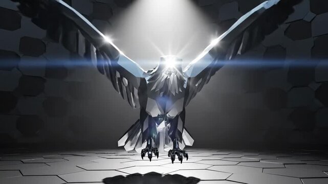 Majestic Metallic Eagle Sculpture With Spread Wings In Dramatic Spotlight