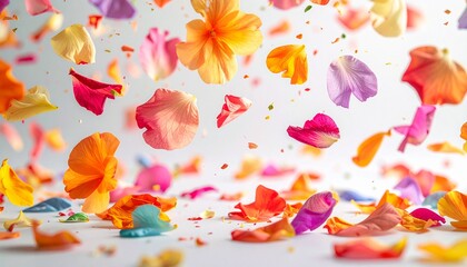 Vibrant Multicolored Flower Petals Falling and Floating in Mid-Air: Dynamic Spring Floral Explosion on White Studio Background