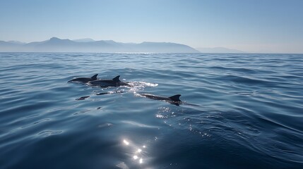 Naklejka premium Two dolphins swimming in the ocean with sunlight reflecting on the water surface