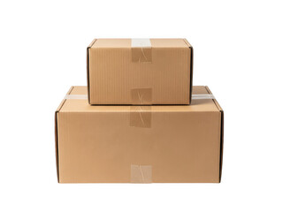 Stack of two brown cardboard boxes with tape isolated on white background