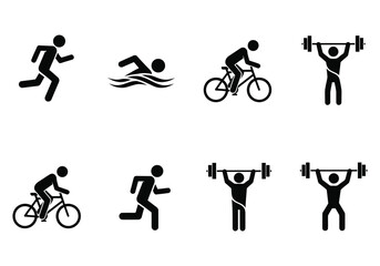 A collection of sports icons including running, swimming, cycling, and weightlifting