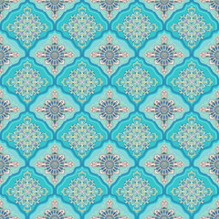 Luxury Seamless Teal and Aqua Damask Pattern: Intricate Moroccan Diamond Ogee Motifs with Violet and Pearl Embellishments.