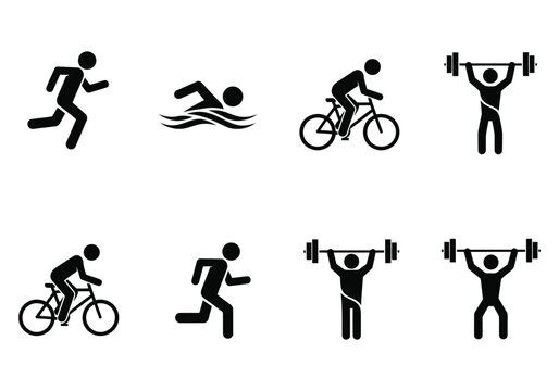 A collection of sports icons including running, swimming, cycling, and weightlifting