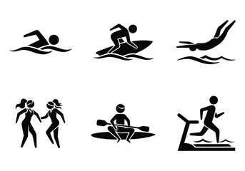 A collection of black and white icons representing different sports and fitness activities