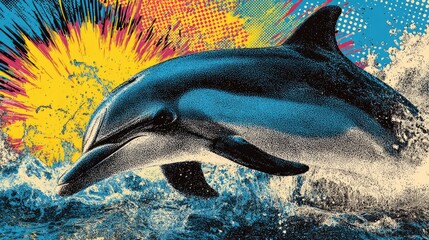 Fototapeta premium Dolphin illustration with vibrant colors and dynamic background effects.