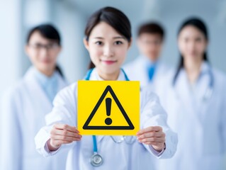注意マークを掲げて安全やリスクへの理解を呼びかける医療スタッフの警告イメージ写真