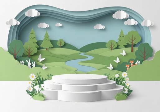 Beautiful Nature Landscape with Paper Cut Design, Lush Greenery, and Calm Stream