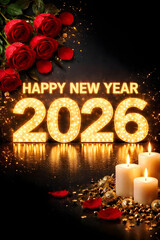 Happy New Year 2026 Elegant Black Background with Red Roses and Candle Light
