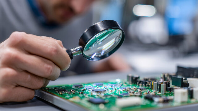 Close-up of technician inspecting electronic circuit board with magnifying glass in a laboratory setting for quality control and repair - Powered by Adobe