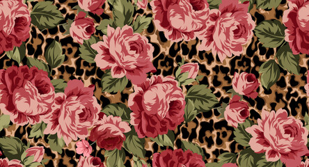 Seamless leopard and flower pattern. Floral pattern.