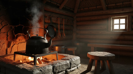 Traditional kitchen with a kettle boiling over a stone fireplace  