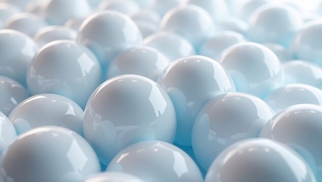 Closeup of numerous glossy light blue spheres packed together with bright reflections on their surfaces