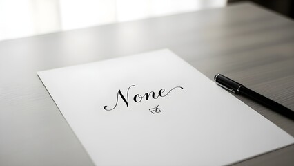 White paper with None written in black cursive and a black pen on gray wooden desk