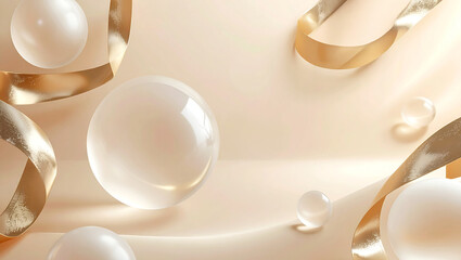 Luxury Background with Floating Glass Spheres and Golden Silk Ribbons