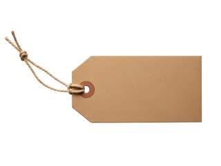 Brown Paper Tag with Jute String Hanging Isolated on White Background