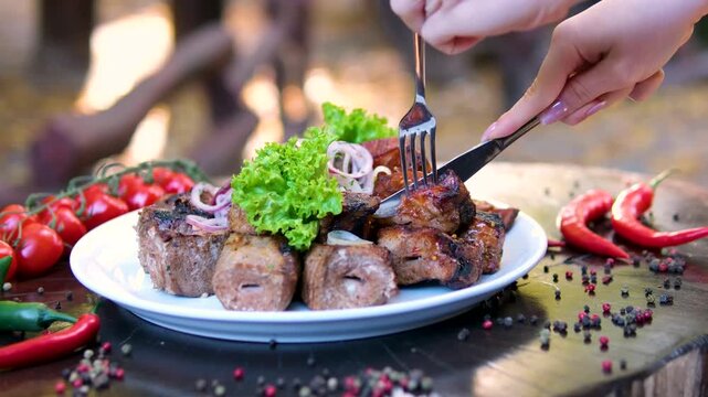 Traditional Churrasco Brazilian Barbecue. Picanha being hand picked from platter. Home Grill from Brazil . High quality 4k footage