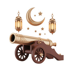 Golden Ramadan Cannon Crescent Moon Islamic Decoration Isolated Transparent Background