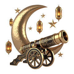 Golden Ramadan Cannon Crescent Moon Islamic Decoration Isolated Transparent Background