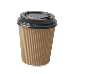 Disposable coffee cup with lid on a plain white background