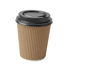 Disposable coffee cup with lid on a plain white background