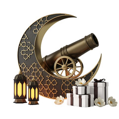 Golden Ramadan Cannon Crescent Moon Islamic Decoration Isolated Transparent Background