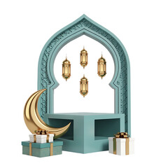 Golden Ramadan Lantern Crescent Moon Hanging Decor Isolated Transparent Background