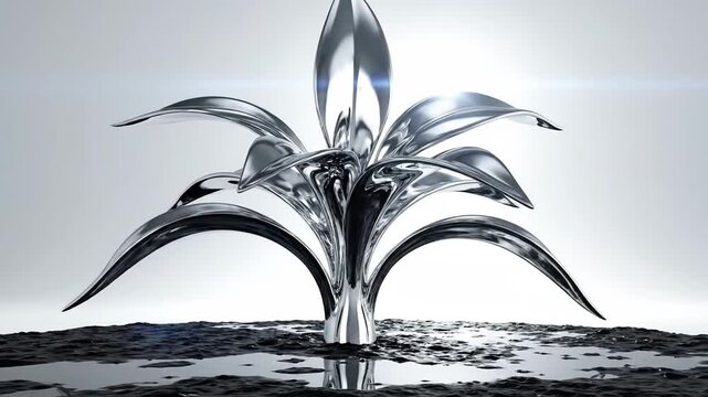 Polished chrome abstract plant form resembling a burgeoning seedling, artfully presented.
