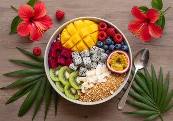 Tropical smoothie bowl with mango, dragon fruit, kiwi, and berries, garnished with hibiscus flowers on wood