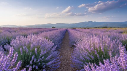 Obraz premium A picturesque lavender field stretches towards the horizon under a blue sky with scattered clouds, featuring a path through the blooming purple flowers.