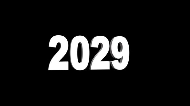 Happy New Year 2029 greeting with 3D white text. happy new year text creating festive video design. Future event announcement on a dark background.