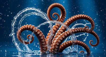 Dramatic Octopus Tentacles Emerging from Water Creating Dynamic Splash Effect Underwater World Theme with Marine Life and Ocean Depths for Mysterious Aquatic Scene